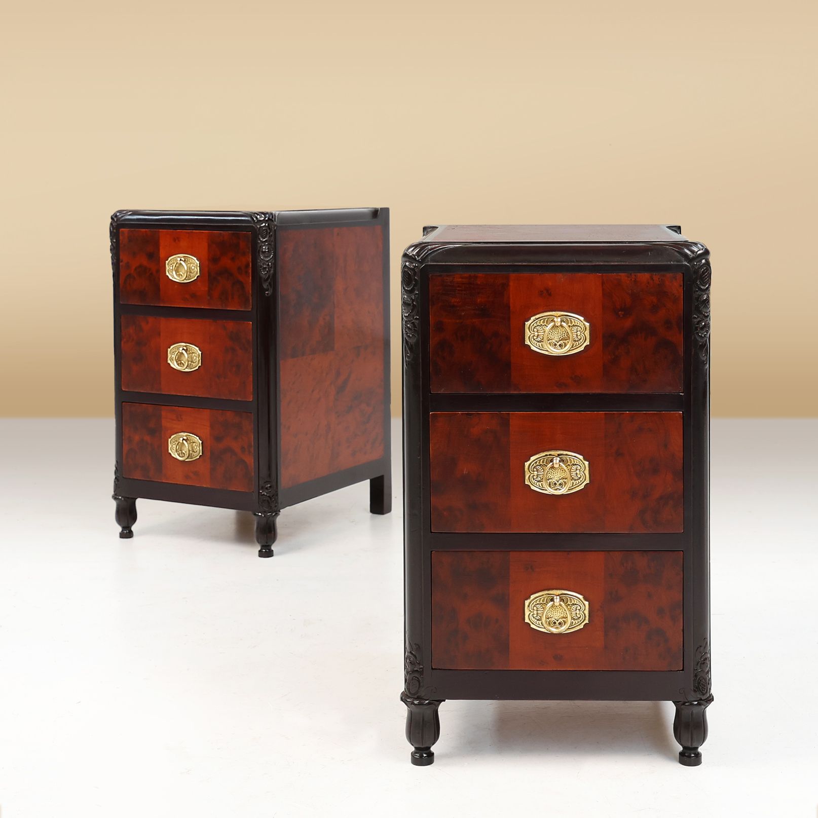 Pair of Art Deco nightstands in burl veneer, oak and copper, France ca. 1910-img